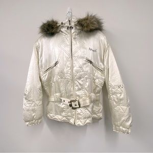 AVALANCHE Jacket Removable Faux Fur Hood Belted Waist, Cream, Size Small